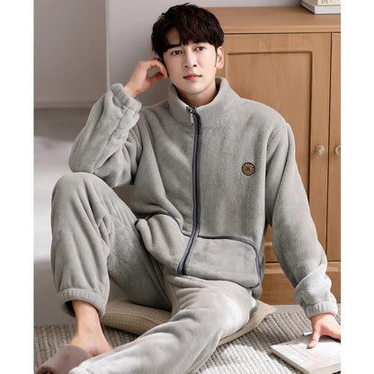 Men's Winter Sleepwear Coral Fleece Thickened Flannel Casual Long Sleeve Pajamas Large Size Home Clothes Chinese Style