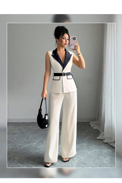 Women's Office Lady Ensemble Outfit Autumn Sleeveless Straight Leg Pants Set Classy Bandeau Elegant Style Top And Vest 2 Set