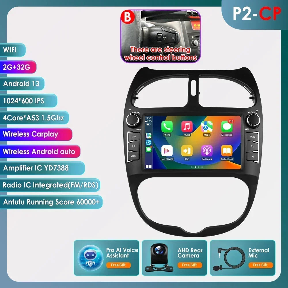 Android 14 Car radio for PEUGEOT 206 206CC 206SW 2000-2005 2006 2007 2008 Multimedia player GPS navi Video 7862 2din Autoradio