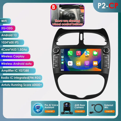 Android 14 Car radio for PEUGEOT 206 206CC 206SW 2000-2005 2006 2007 2008 Multimedia player GPS navi Video 7862 2din Autoradio
