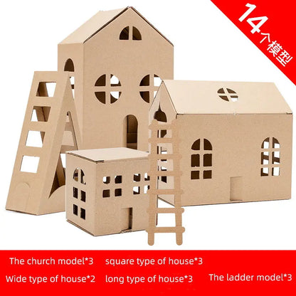 3D Paper Craft Toy Cardboard House Coloring Playhouse Assembly Kit Miniature Building Block Kid Handicraft Construction Material