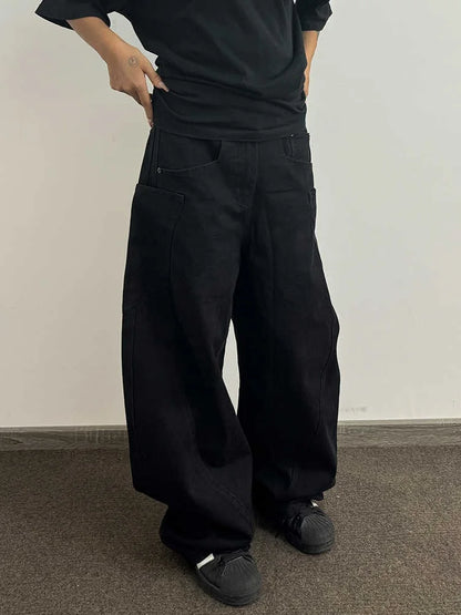 Black Large Pocket Men's Jeans Spring Autumn Loose Knife  American High Street Trend Casual Workwear Long Pants