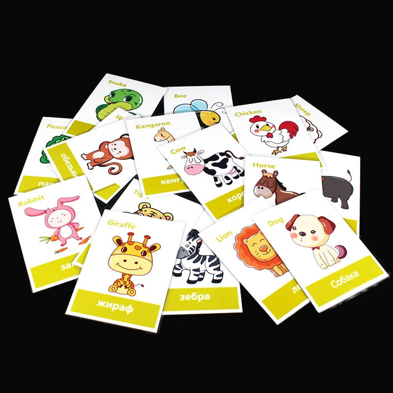 64pcs Russian Animals/Vegetables/Fruits/Number English Learning Card  Learning Early Education Children's Games Word Pocket Card