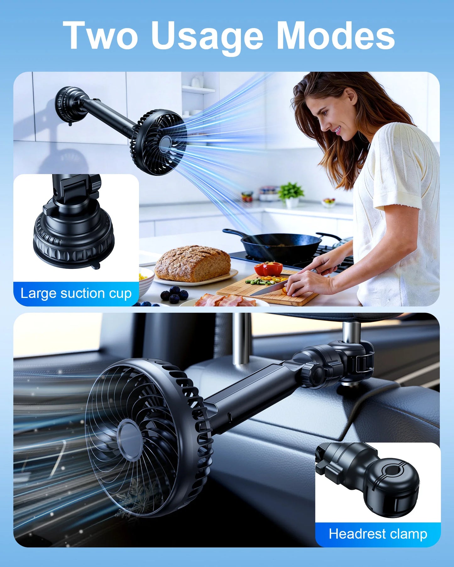 Hipacool 5000mAh Car Sun Shade & Headrest Fan Suction Cup & Headrest Clamp Usage Modes Fully Adjustable Fans for Car Home Office