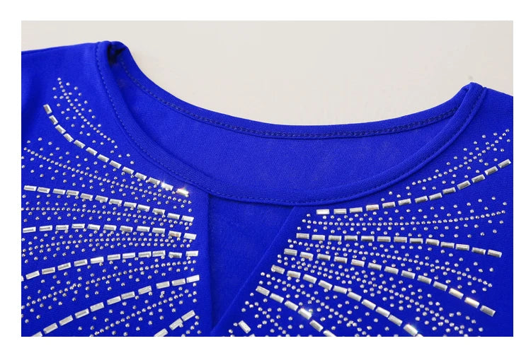 2026 Spring Summer Mesh Tops Korean Fashion Diamond T Shirt Slim 3/4 Sleeve Hollow Out Casual Women Shirt