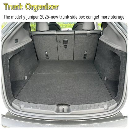 For 2025 2026 Tesla Model Y Juniper Rear Trunk Side Storage Box Trunk Bins Flocking or TPE Cover Trunk Organizer Mats Accessorie