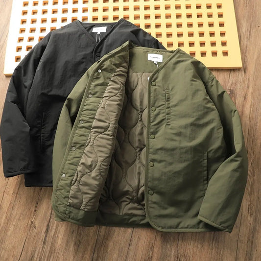 Men's Winter Thickened Cotton Jacket Lightweight Warm Retro Loose Casual V-Neck Cotton Coat Polyester Fiber Fill Regular Sleeve
