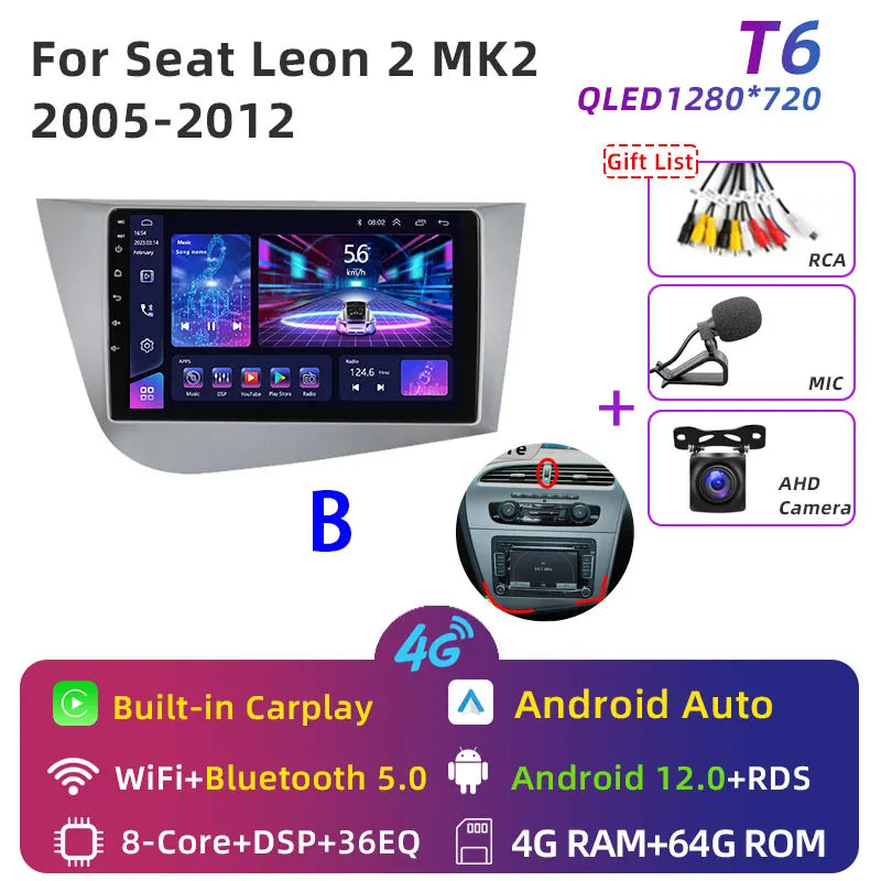 Jundof Car radio For Seat Leon 2 MK2 2005-2012 Carplay Android auto Qualcomm Car stereo Multimedia player 4G Wifi DSP 36EQ RHD