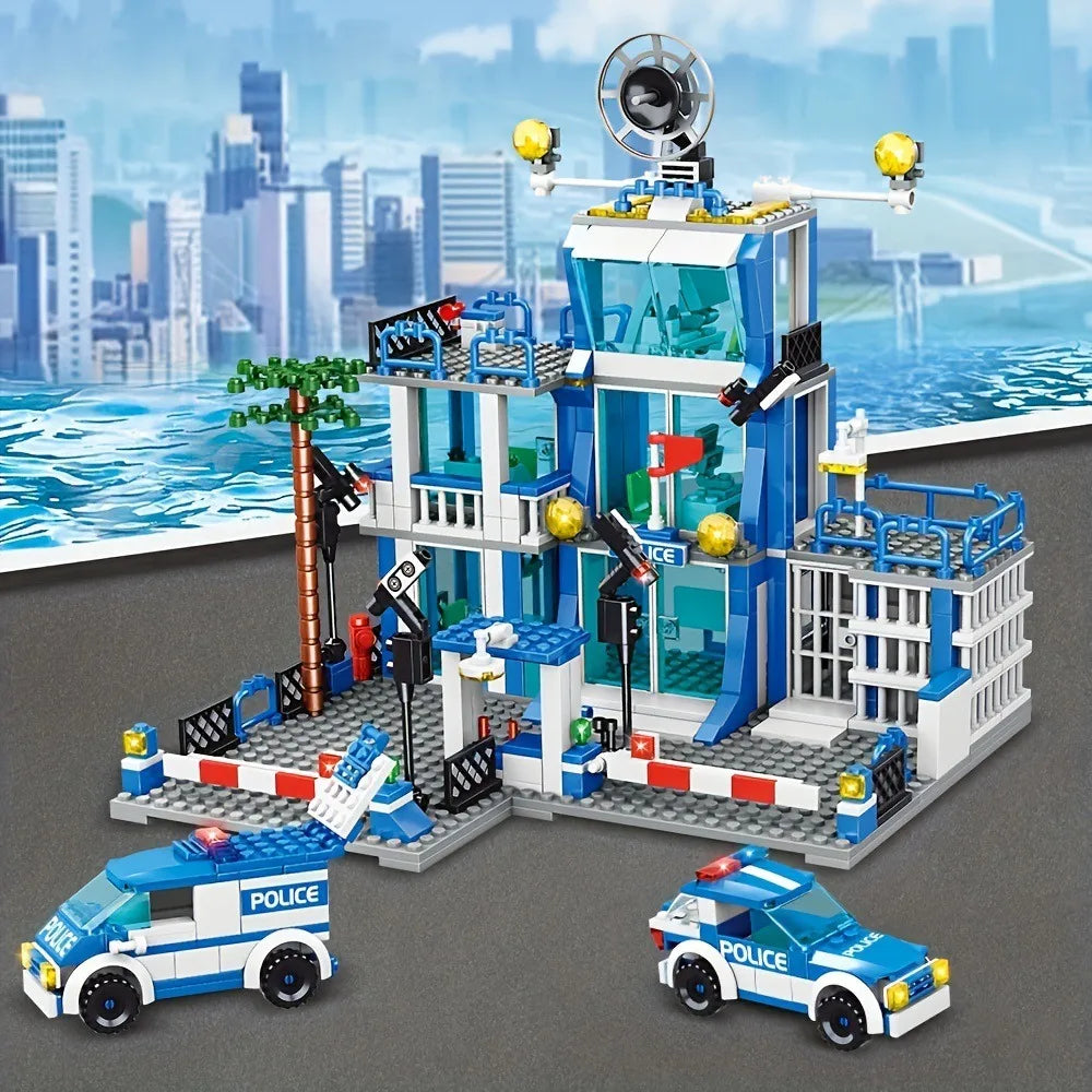 666PCS City Police Station Building Blocks Construction Model Toy with Car & Helicopter for Boys Christmas Gift Kid Educational