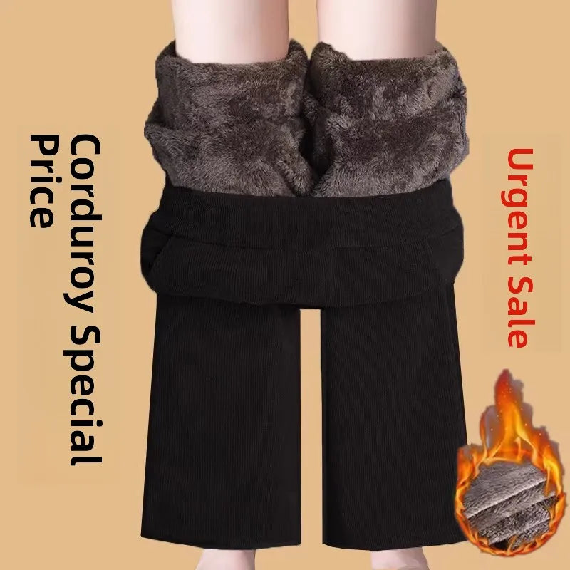 Thickened Fleece Lined Corduroy Straight Leg Casual Pants Women's High Waist Elastic Waist Warm Trousers Autumn Winter New Style