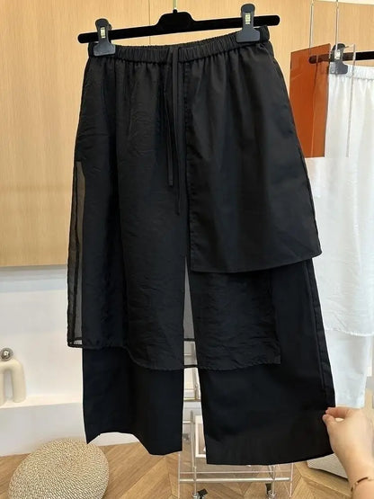 Summer European Style Women Two-piece Spliced Pants High Waist Loose Straight Leg Cropped Trousers Design Slim Casual Pants
