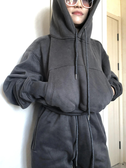 Basic Wear Black Charcoal Hoodies for Women Autumn Winter Loose Fleece Hooded Sweatshirts Streetwear Cropped Pullovers