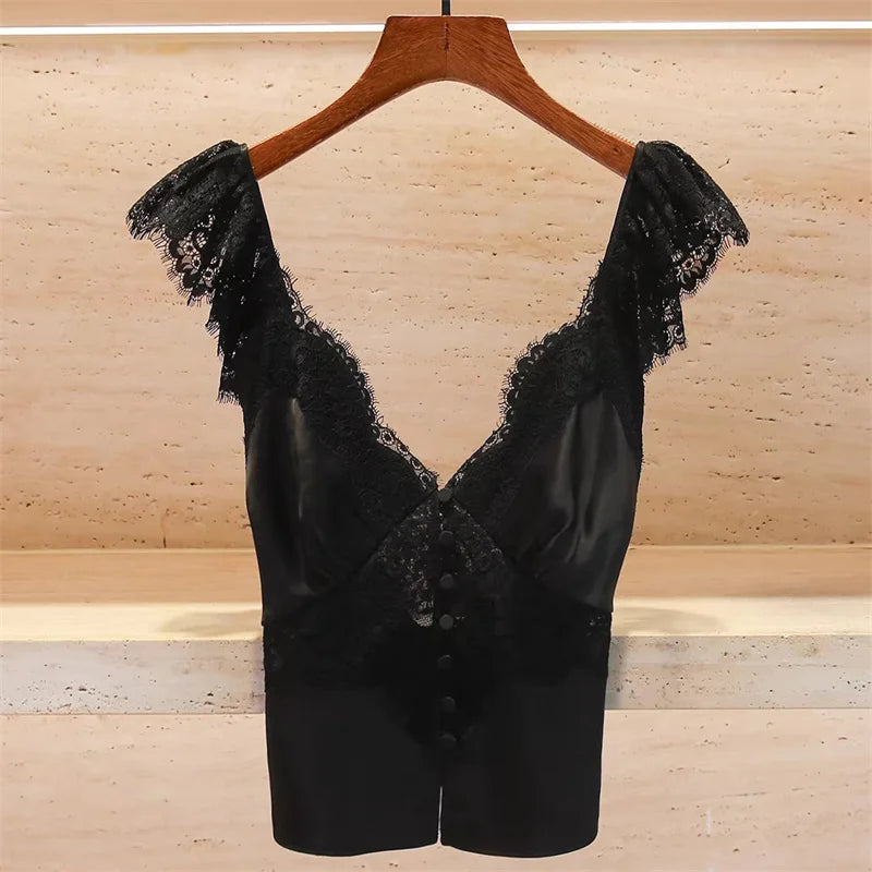Women's vest New lace patchwork V-neck sleeveless top for spring 2026 Sexy backless Tank top suspender women's corset crop top