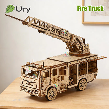 Ury 3D Wooden Puzzle City Series Car Fire Ladder Truck Movable Retro Vehicle Assembly Model DIY Decoration Gift