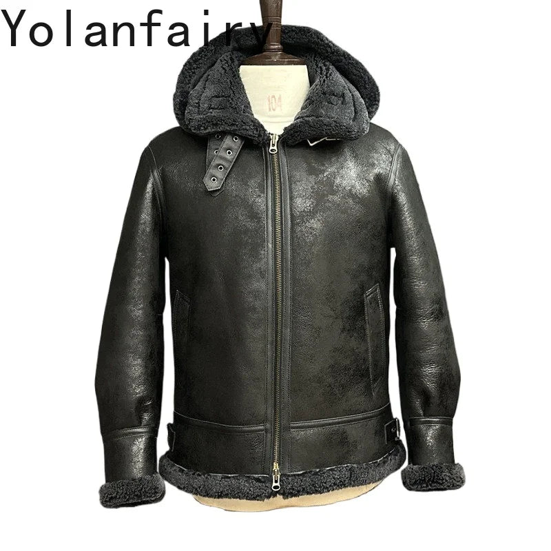 YOLANFAIRY 100% Genuine Sheepskin Leather Jacket Man Winter Warm Natural Fur Coat Motorcycle Jackets Men's Leather and Fur Coats