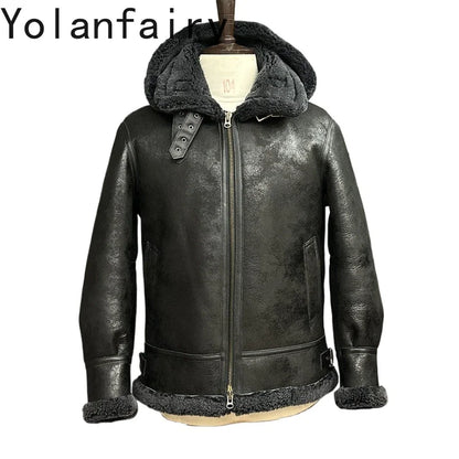 YOLANFAIRY 100% Genuine Sheepskin Leather Jacket Man Winter Warm Natural Fur Coat Motorcycle Jackets Men's Leather and Fur Coats