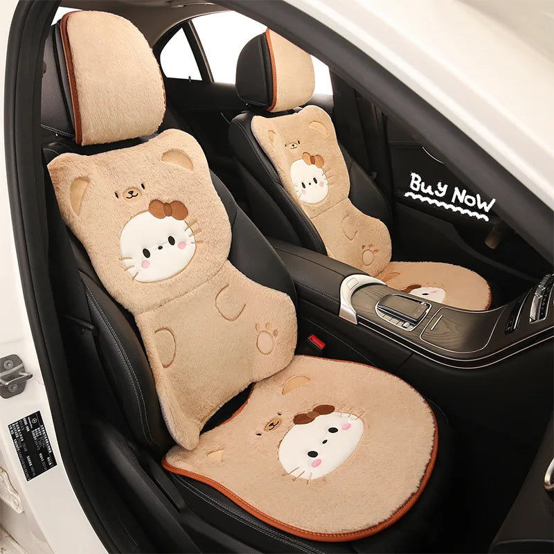 Hello Kitty Winter Plush Car Cushion Cover Cute Pink Warm Cartoon Women's Universal Warmth Seat Covers Auto Seat Accessories