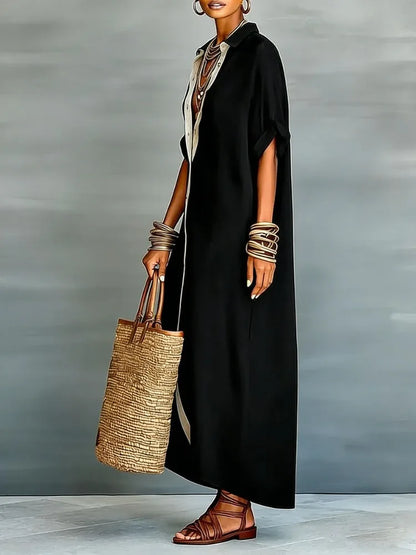 UOOZEE Women's Contrast Trim Minimalist Shirt Dress 2026 New Half Sleeves Loose Buttoned Casual Going Out Vacation Maxi Dresses