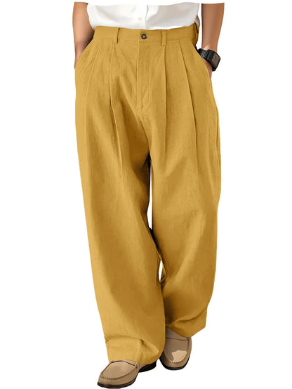 Men's Loose Pleated Wide Leg Pants Breathable Linen Blend Trousers Casual Business Suit Pants Summer Streetwear Daily Wear