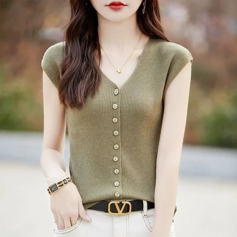 Women's Clothing New Fashion V-neck Knit Tops Summer Casual All-match Thin Sleeveless Tanks Lady Solid Single-breasted Cardigan