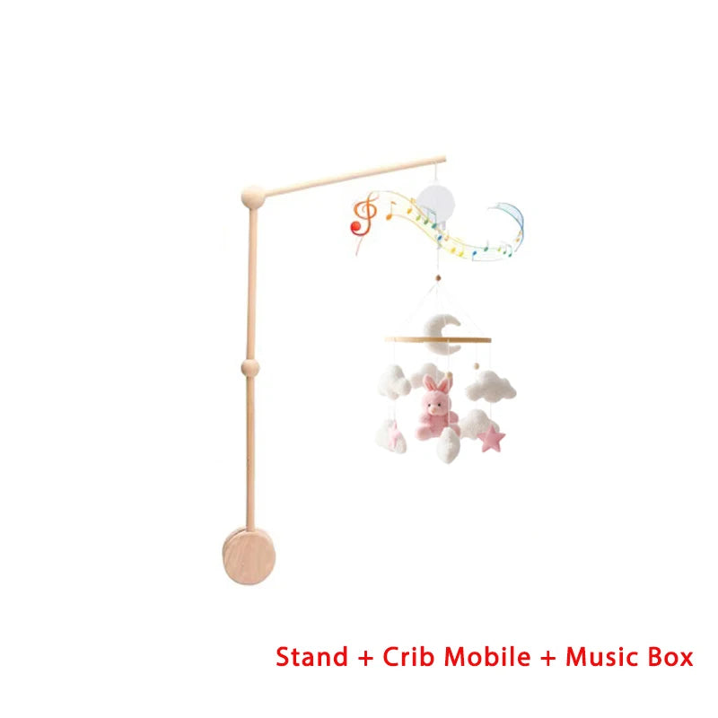Wooden Crib Mobile Baby Bed Bell Rattle Toy Soft Felt Cartoon Bear Mobile Bracket Newborn Music Box Bed Bell Hanging Bracket Toy