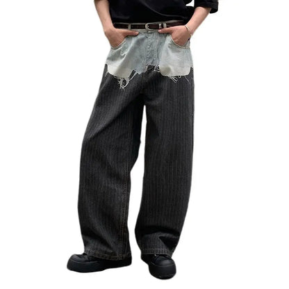 AC-style loose straight-leg jeans with patchwork, 3D printed fake two-piece jeans for men
