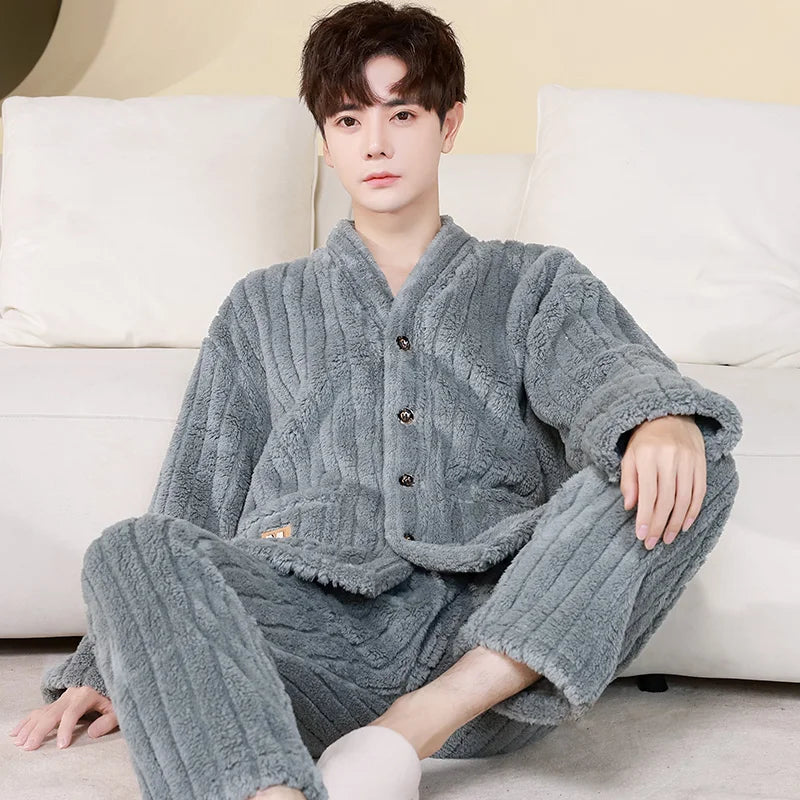 Thick Coral Fleece Sleepwear Men's Autumn Winter Casual Large Size Outdoor Wearable Flannel Home Clothes Set V-Neck Long Sleeve
