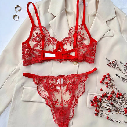 Floral Embroidery Transparent Lingerie Underwire Gather Ultra Thin Cup Sheer Bra Brief Set Pure Desire Women Intimate Nightwear