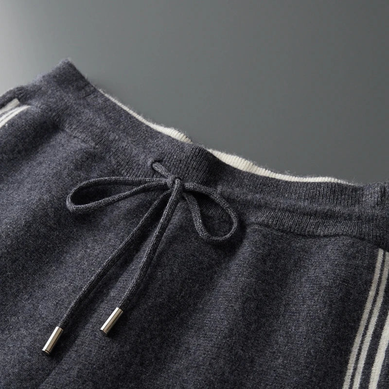 100% wool men's matching set hooded collar zipper cardigan jacket casual knitt pants pocket loose 2-piece set sports suit stripe