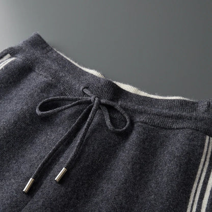 100% wool men's matching set hooded collar zipper cardigan jacket casual knitt pants pocket loose 2-piece set sports suit stripe