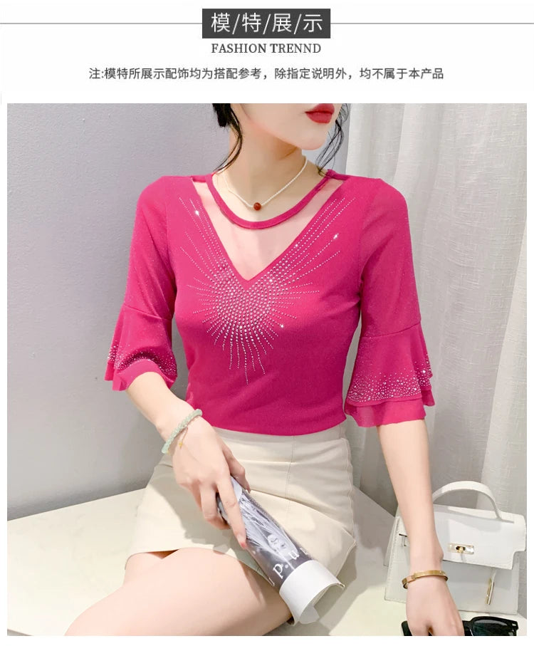 2026 Spring Summer Mesh Tops Korean Fashion Diamond T Shirt Slim 3/4 Sleeve Hollow Out Casual Women Shirt