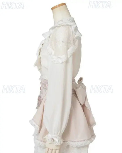 Japanese Mass Produced New Sweet Doll Collar Lolita Strawberry White Shirt Female 2026 Spring Pleated Lace Bow Blouses Top Women