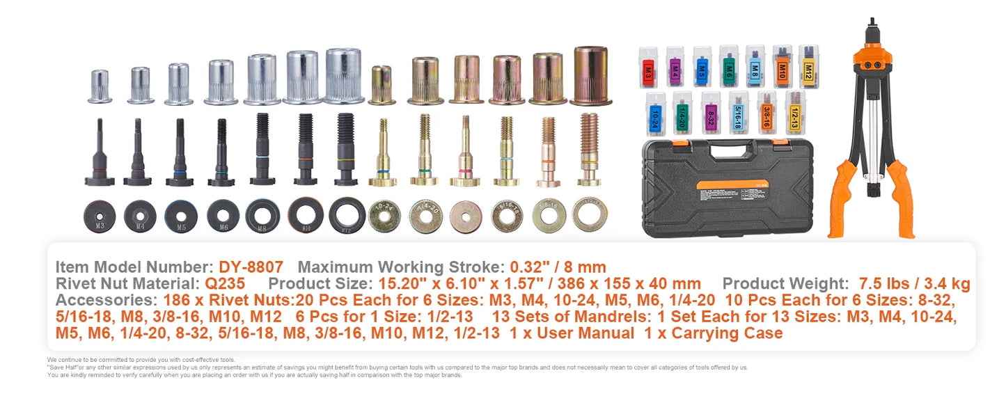 SucceBuy 14" 16" Rivet Nut Tool Rivnut Tool Kit with Metric and SAE Mandrels 70PCS/186PCS Rivet Nuts With Rugged Carrying Case