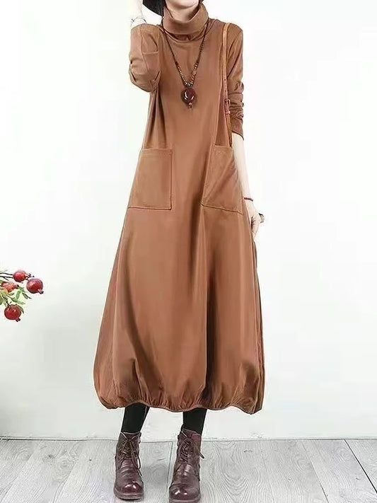 Loose Vintage Half High Collar Dress for Middle-Aged And Elderly plus Size Women Comfortable Autumn Fashion Simple Style