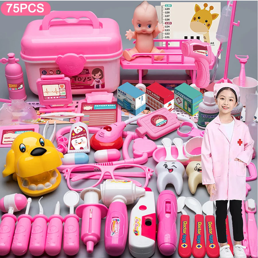 Kids Doctor, Dentist  Nurse Role Play Set  Medical Tools, Baby Doll  Carry Box IncludedPretend Medical Playset with Hospital Bed