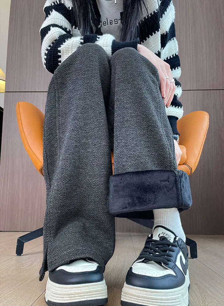 Thickened Woolen Straight Leg Pants Women's High Waist Wide Leg Trousers Autumn Winter Casual Pants Pocket Design Cotton Blend