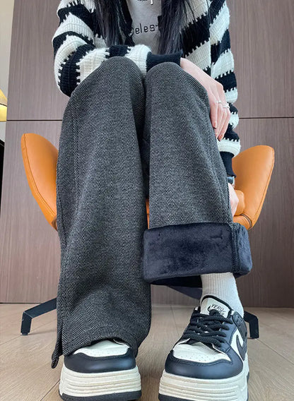 Thickened Woolen Straight Leg Pants Women's High Waist Wide Leg Trousers Autumn Winter Casual Pants Pocket Design Cotton Blend