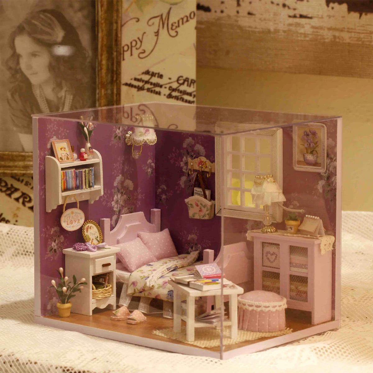 Sweet Sunshine Mini 3D Puzzle Assembly Model Dollhouse Kit DIY Handmade Toy Bookshelf Set, Wood Craft for Girls' Birthday Gift