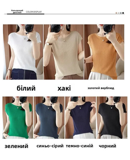 Ice Silk Knitted Top Women Loose Spring Summer New Style Thin Short Sleeve One Shoulder T-Shirt Breathable Comfortable Casual...
