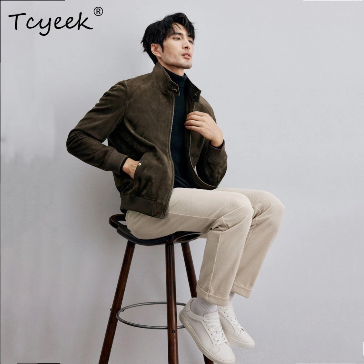 Tcyeek Real Sheepskin Autumn Winter High End Trendy Standing Collar Green Men's Genuine Leather Jacket Куртка Кожаная Мужская