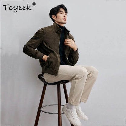 Tcyeek Real Sheepskin Autumn Winter High End Trendy Standing Collar Green Men's Genuine Leather Jacket Куртка Кожаная Мужская