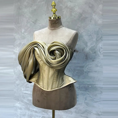 One Shoulder Women Tops Custom Made Handmade Flowers Exposed Boning Birthday Party Top Normal Length Formal Evening Tops