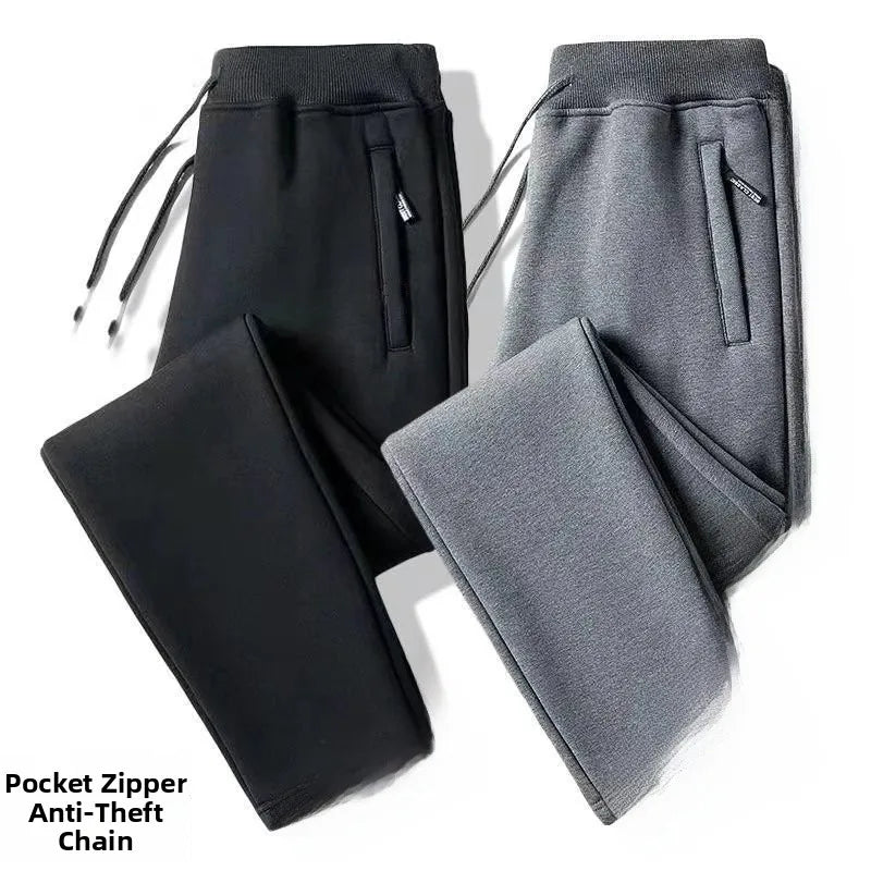 Men's Fleece Lined Loose Fit Trousers Korean Style Casual Pants with Pockets Zipper Closure Autumn Winter Outerwear Cargo Pants