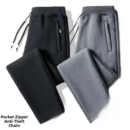 Men's Fleece Lined Loose Fit Trousers Korean Style Casual Pants with Pockets Zipper Closure Autumn Winter Outerwear Cargo Pants
