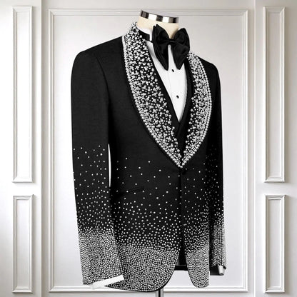 Suit For Man Crystal Embellished Black Tuxedo, Handmade Wool Blend Stage Costume, Prom Men's Suit, Wedding Groom Tuxedo Set 2pcs