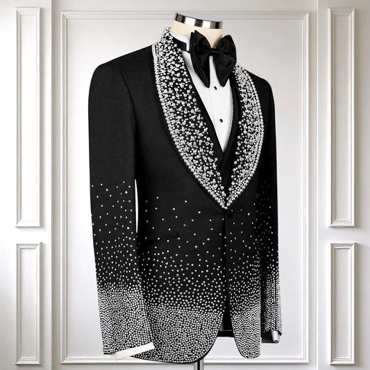 Suit For Man Crystal Embellished Black Tuxedo, Handmade Wool Blend Stage Costume, Prom Men's Suit, Wedding Groom Tuxedo Set 2pcs