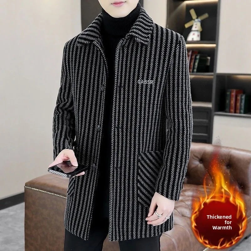 Winter Thickened Woolen Men's Coat Fashionable Striped Mid-Length Lapel Collar Windbreaker Versatile Stylish Business Casual