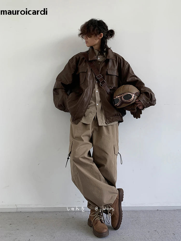 Mauroicardi Autumn Winter Vintage Oversized Cool Brown Black Soft Pu Leather Jacket Men Pockets Loose Casual Unisex Clothes 2023