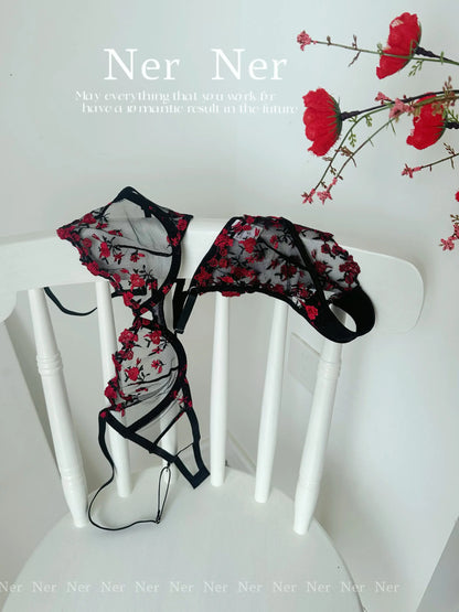 Sweet Sexy Lace Lingerie Set, Floral Embroidery Sheer Mesh, Thin Cooling, Big Bust Relief, Japanese Daily Women Underwear 32-38