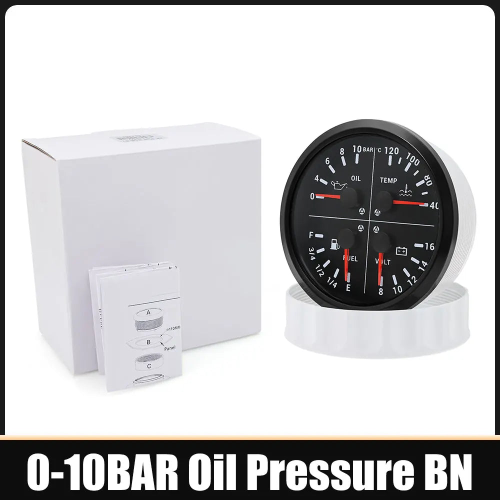 110mm 4 In 1 Gauge 0-150PSI / 0-10BAR Oil Pressure Gauge Water Temperature Fuel Level Voltmeter Light Alarm for Car Boat Yacht